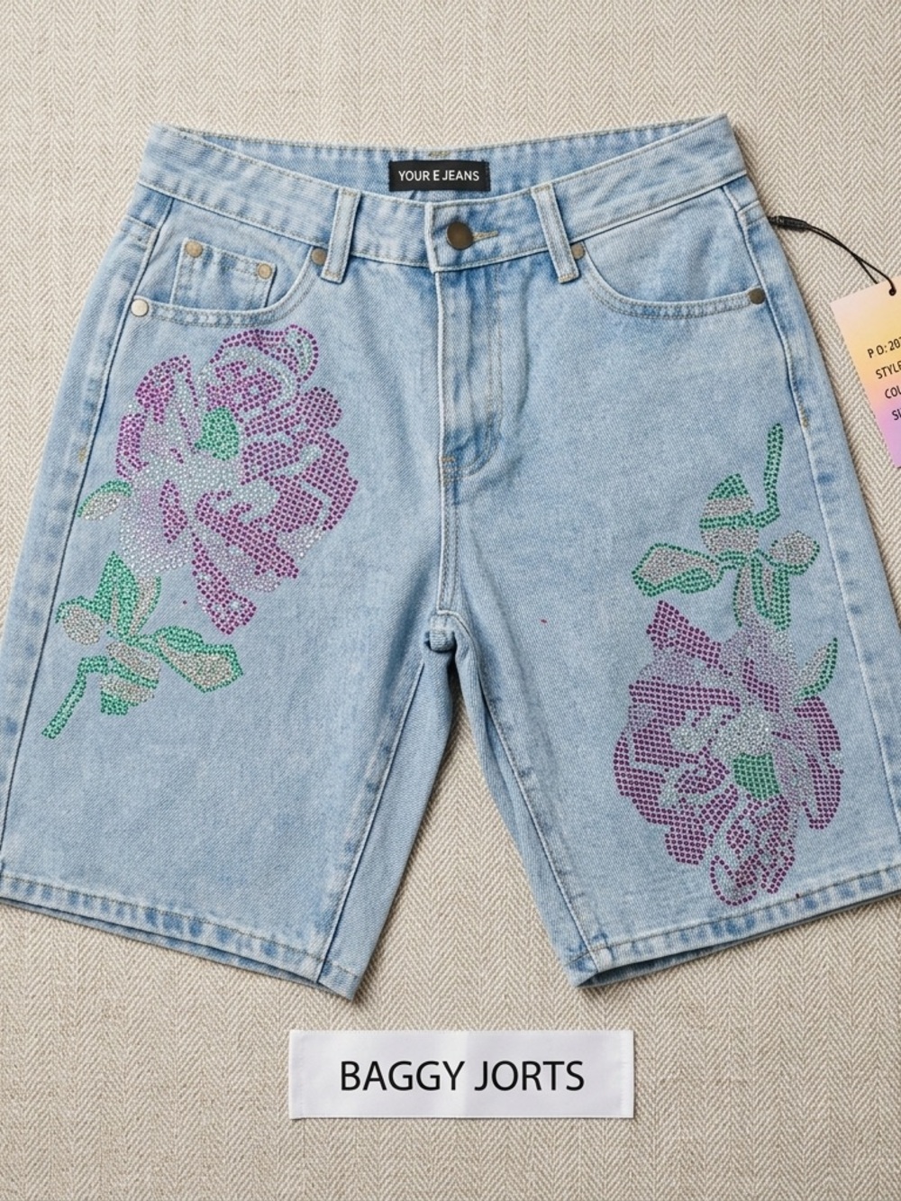 YOUR E JEANS Light Blue Floral Crystal-Embellished Baggy Bermudas